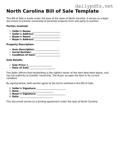 Free  Bill of Sale Template for North Carolina