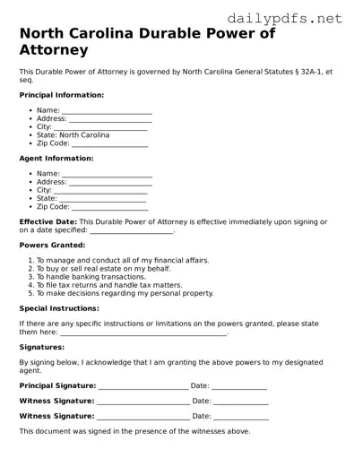 Free  Durable Power of Attorney Template for North Carolina