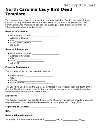 Free  Lady Bird Deed Template for North Carolina