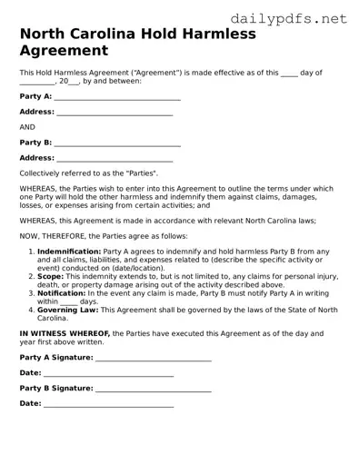Free  Hold Harmless Agreement Template for North Carolina