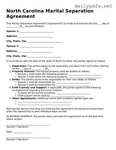 Free  Marital Separation Agreement Template for North Carolina