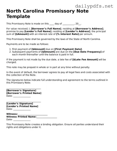Free  Promissory Note Template for North Carolina