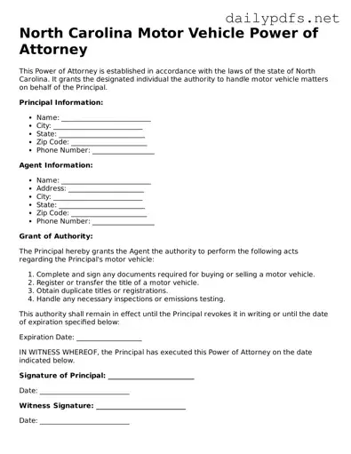 Free  Motor Vehicle Power of Attorney Template for North Carolina