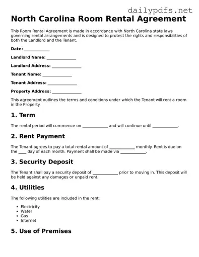 Free  Room Rental Agreement Template for North Carolina
