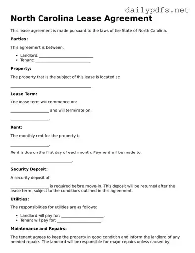 Free  Lease Agreement Template for North Carolina
