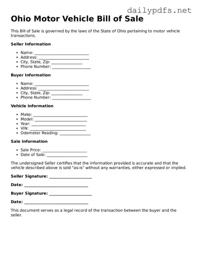 Free  Motor Vehicle Bill of Sale Template for Ohio