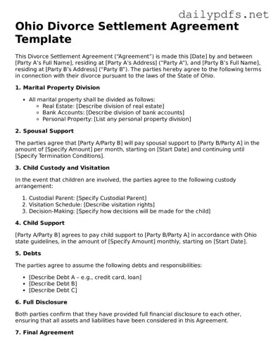 Free  Divorce Settlement Agreement Template for Ohio