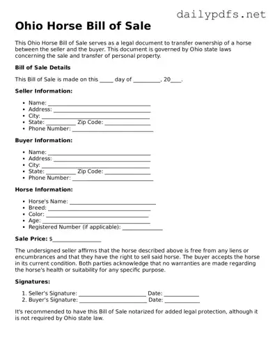 Free  Horse Bill of Sale Template for Ohio
