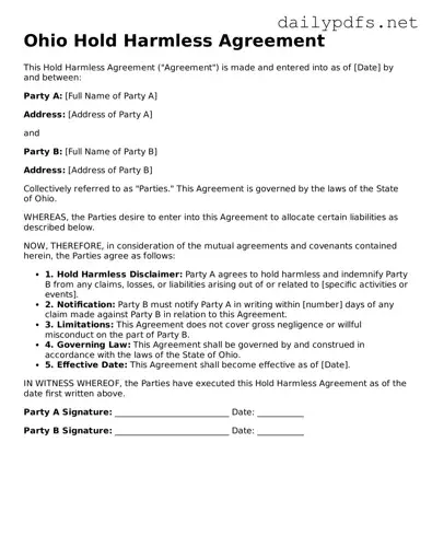 Free  Hold Harmless Agreement Template for Ohio
