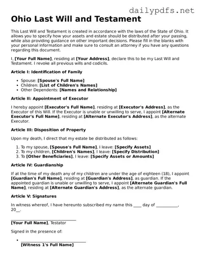 Free  Last Will and Testament Template for Ohio