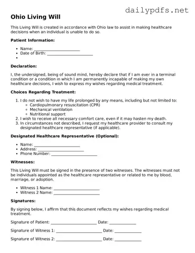 Free  Living Will Template for Ohio