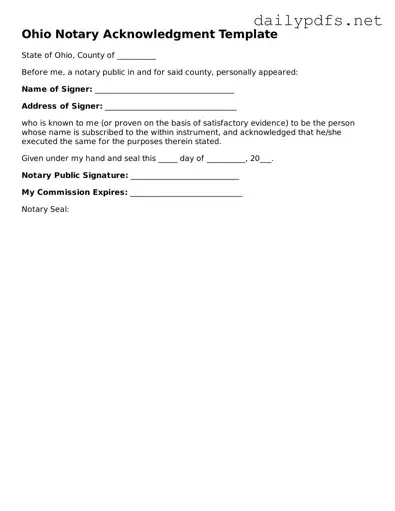 Free  Notary Acknowledgement Template for Ohio