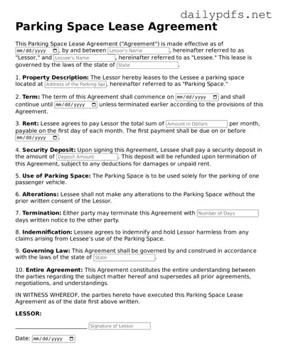 Printable Parking Space Lease Agreement Document