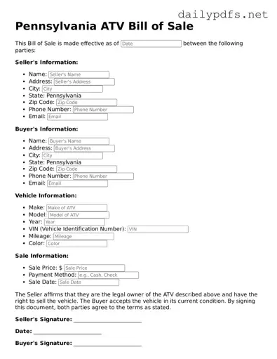 Free  ATV Bill of Sale Template for Pennsylvania