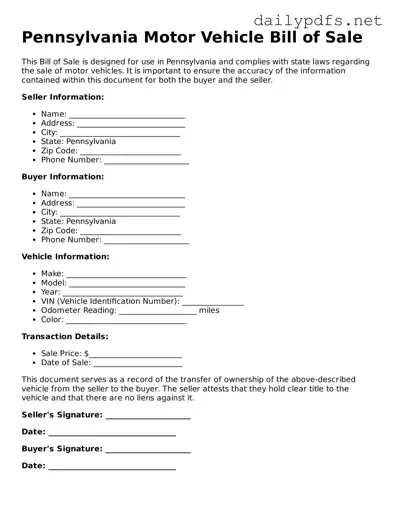 Free  Motor Vehicle Bill of Sale Template for Pennsylvania