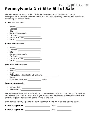 Free  Dirt Bike Bill of Sale Template for Pennsylvania