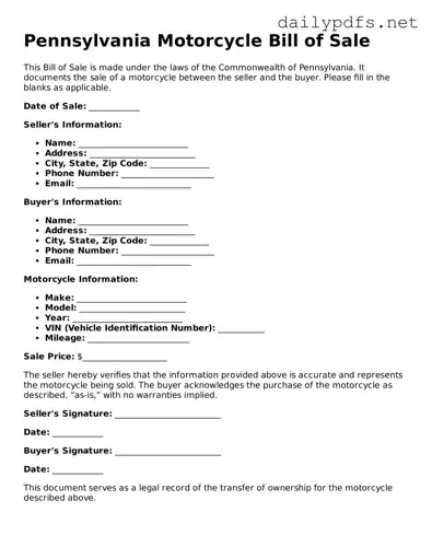 Free  Motorcycle Bill of Sale Template for Pennsylvania