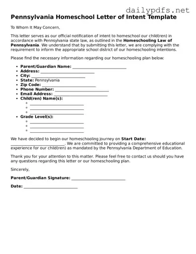Free  Homeschool Letter of Intent Template for Pennsylvania