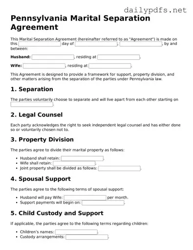 Free  Marital Separation Agreement Template for Pennsylvania