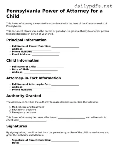 Free  Power of Attorney for a Child Template for Pennsylvania