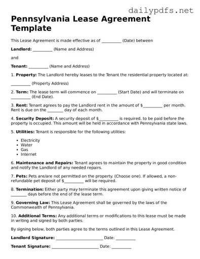 Free  Lease Agreement Template for Pennsylvania