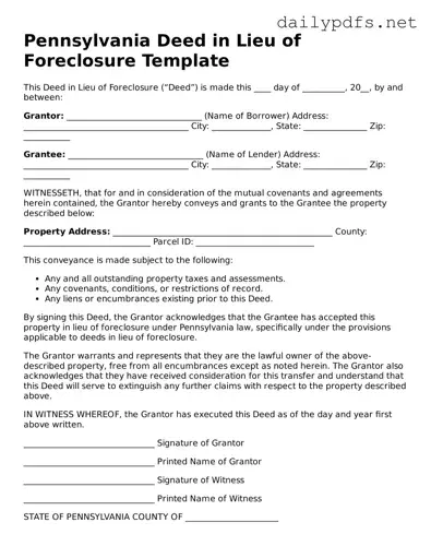 Free  Deed in Lieu of Foreclosure Template for Pennsylvania