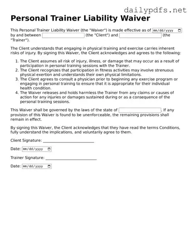 Printable Personal Trainer Liability Waiver Document