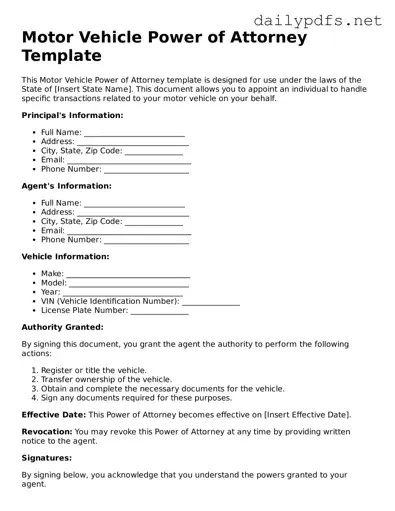 Printable Motor Vehicle Power of Attorney Document