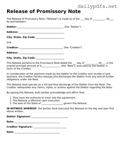 Printable Release of Promissory Note Document