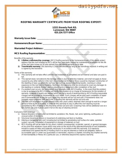 Fill Out Your Roofing Warranty Certificate Form