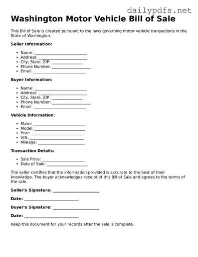 Free  Motor Vehicle Bill of Sale Template for Washington