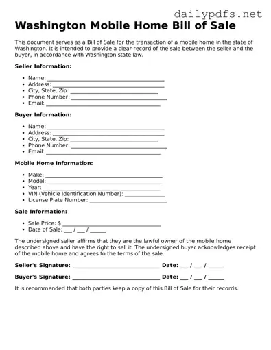 Free  Mobile Home Bill of Sale Template for Washington