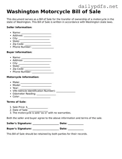 Free  Motorcycle Bill of Sale Template for Washington