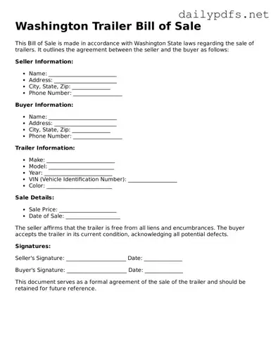 Free  Trailer Bill of Sale Template for Washington