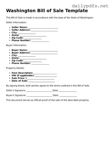 Free  Bill of Sale Template for Washington