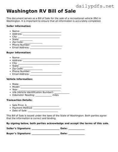 Free  RV Bill of Sale Template for Washington