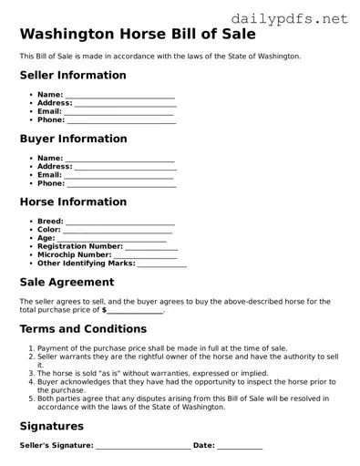 Free  Horse Bill of Sale Template for Washington