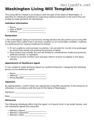 Free  Living Will Template for Washington