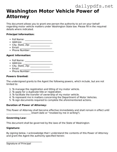 Free  Motor Vehicle Power of Attorney Template for Washington