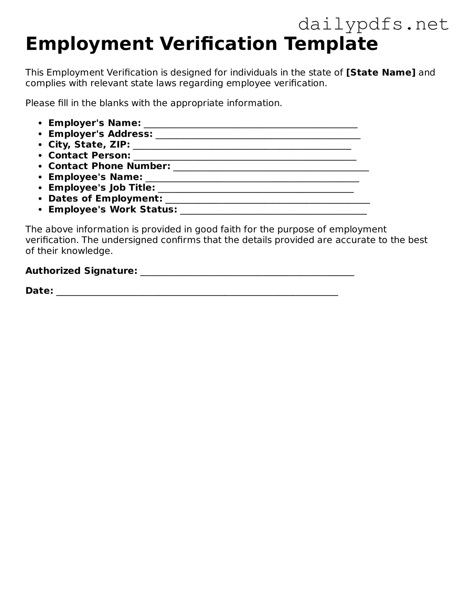 Printable Employment Verification Document