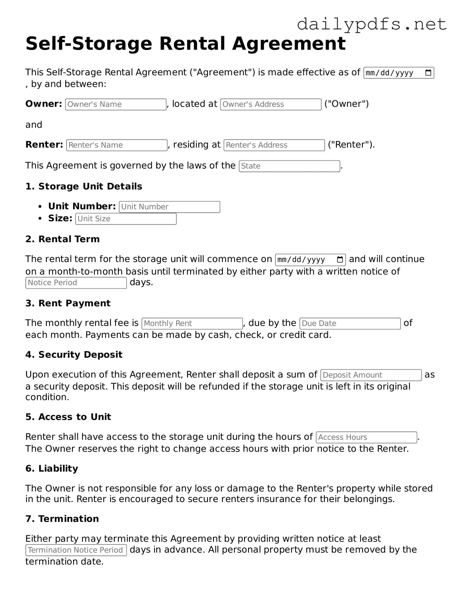 Printable Self-Storage Rental Agreement Document