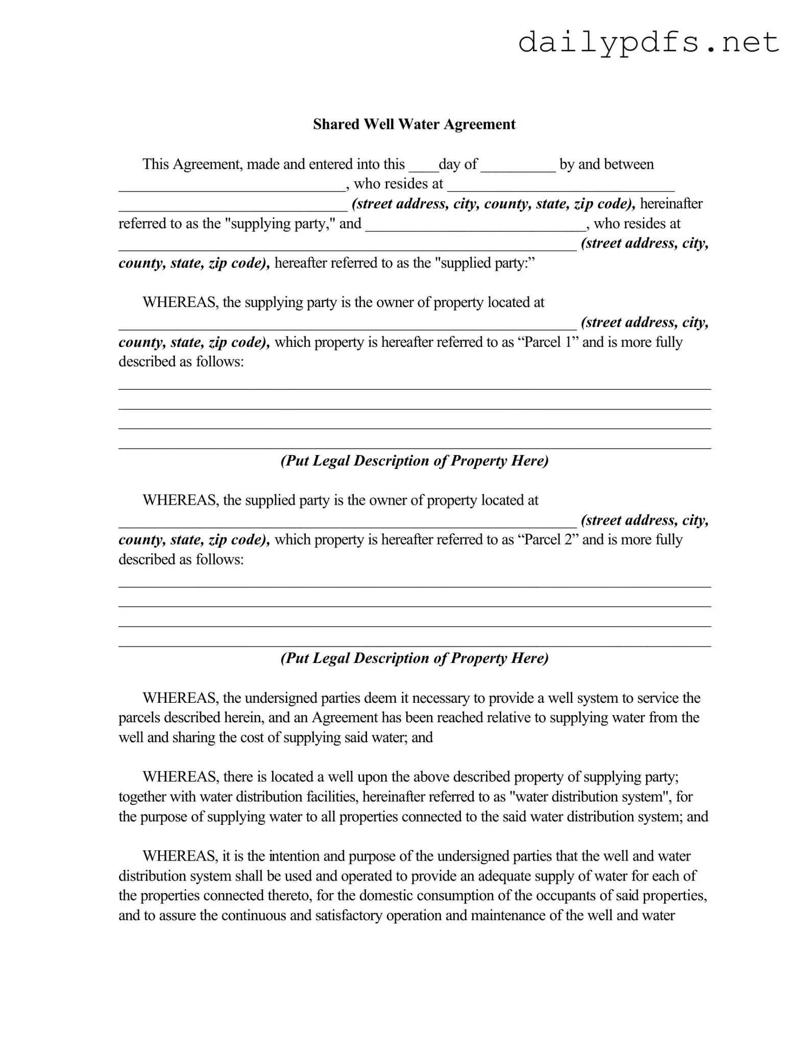 Fill Out Your Shared Well Agreement Form