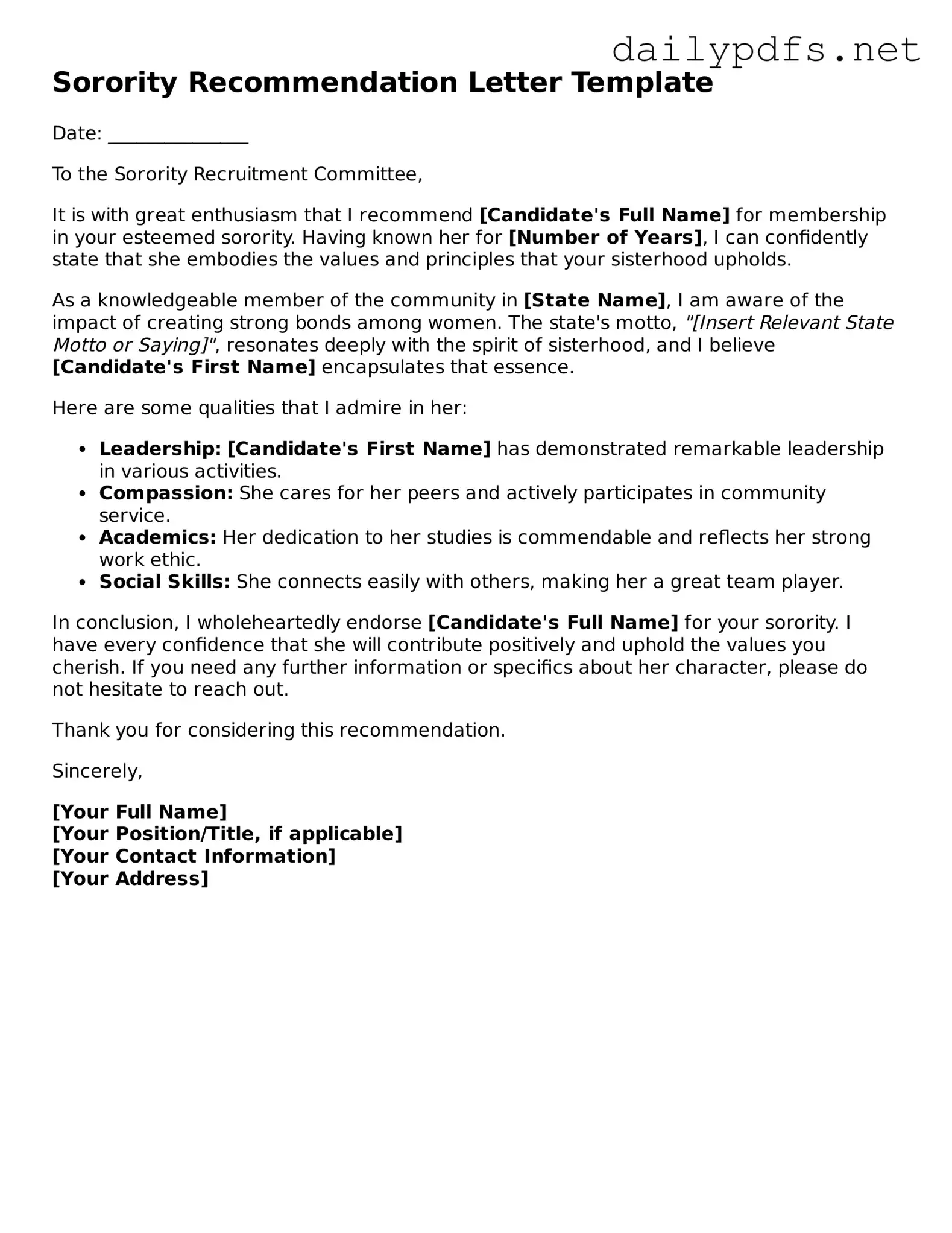 Printable Sorority Recommendation Letter Document