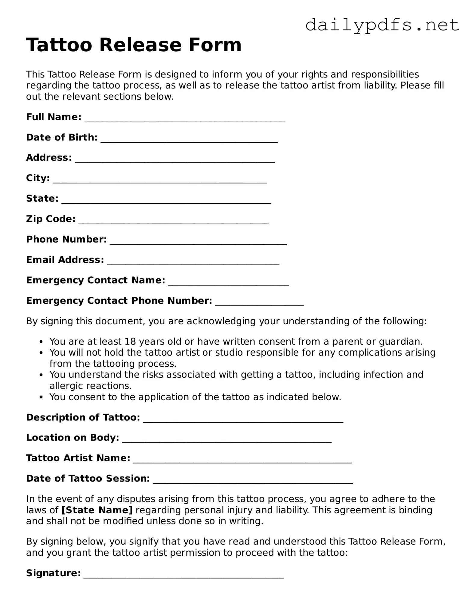 Printable Tattoo Release Document