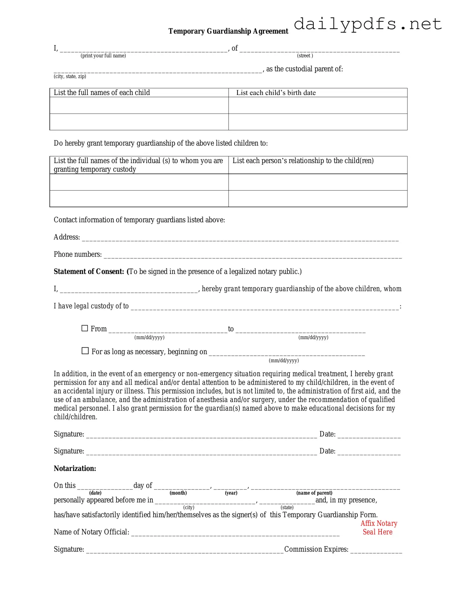 Fill Out Your Temporary Custody Form