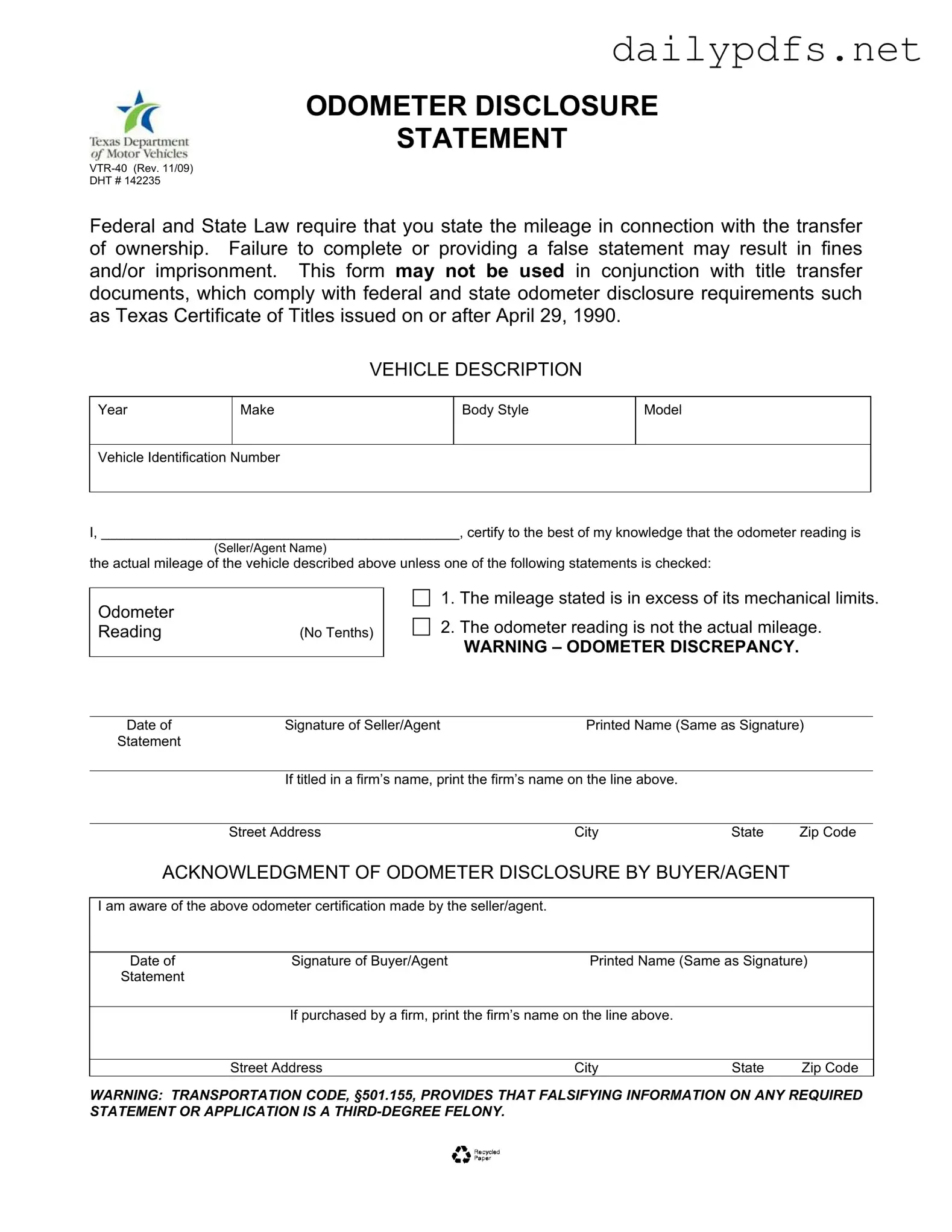 Fill Out Your Texas Odometer Statement Form