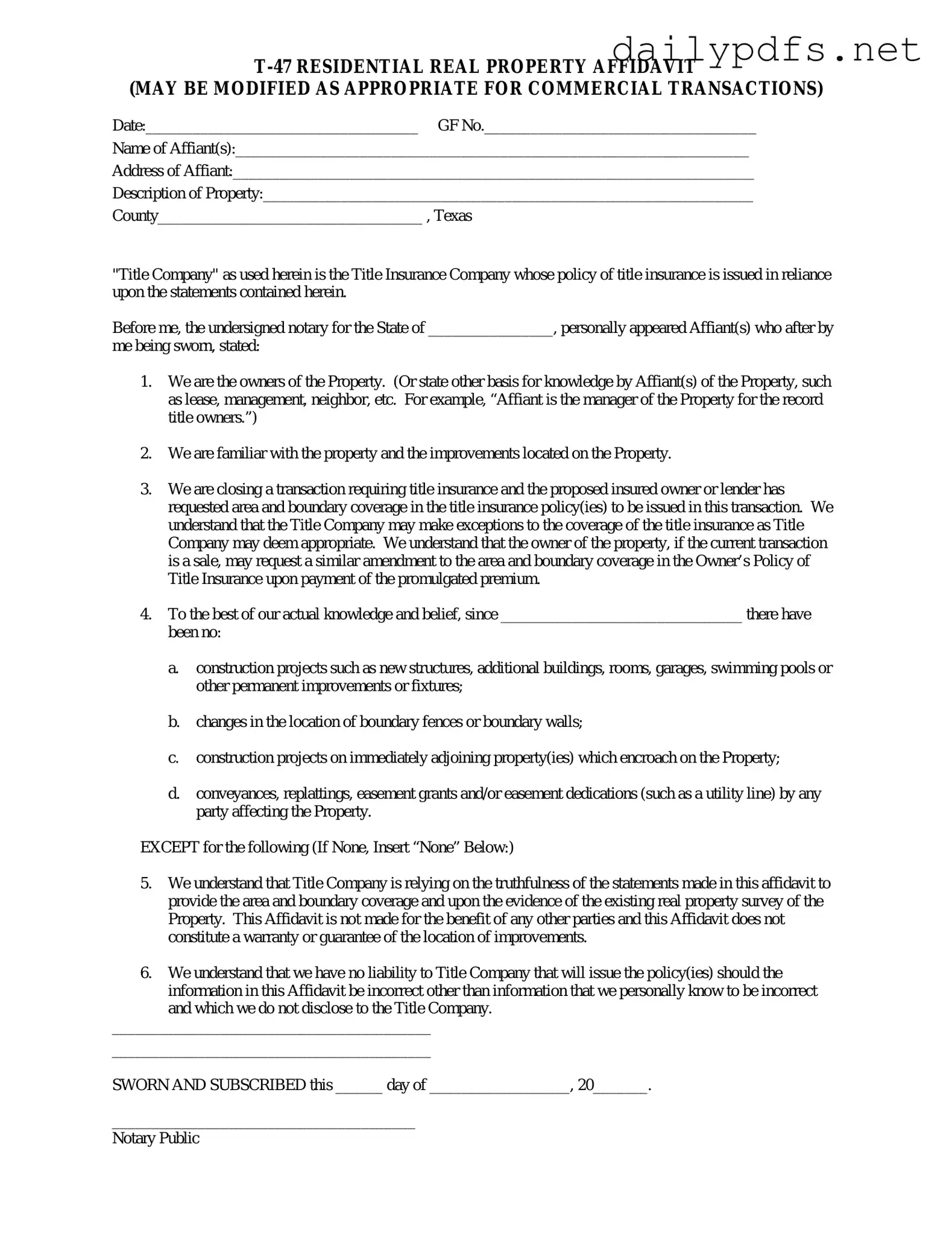Fill Out Your Texas residential property affidavit T-47 Form