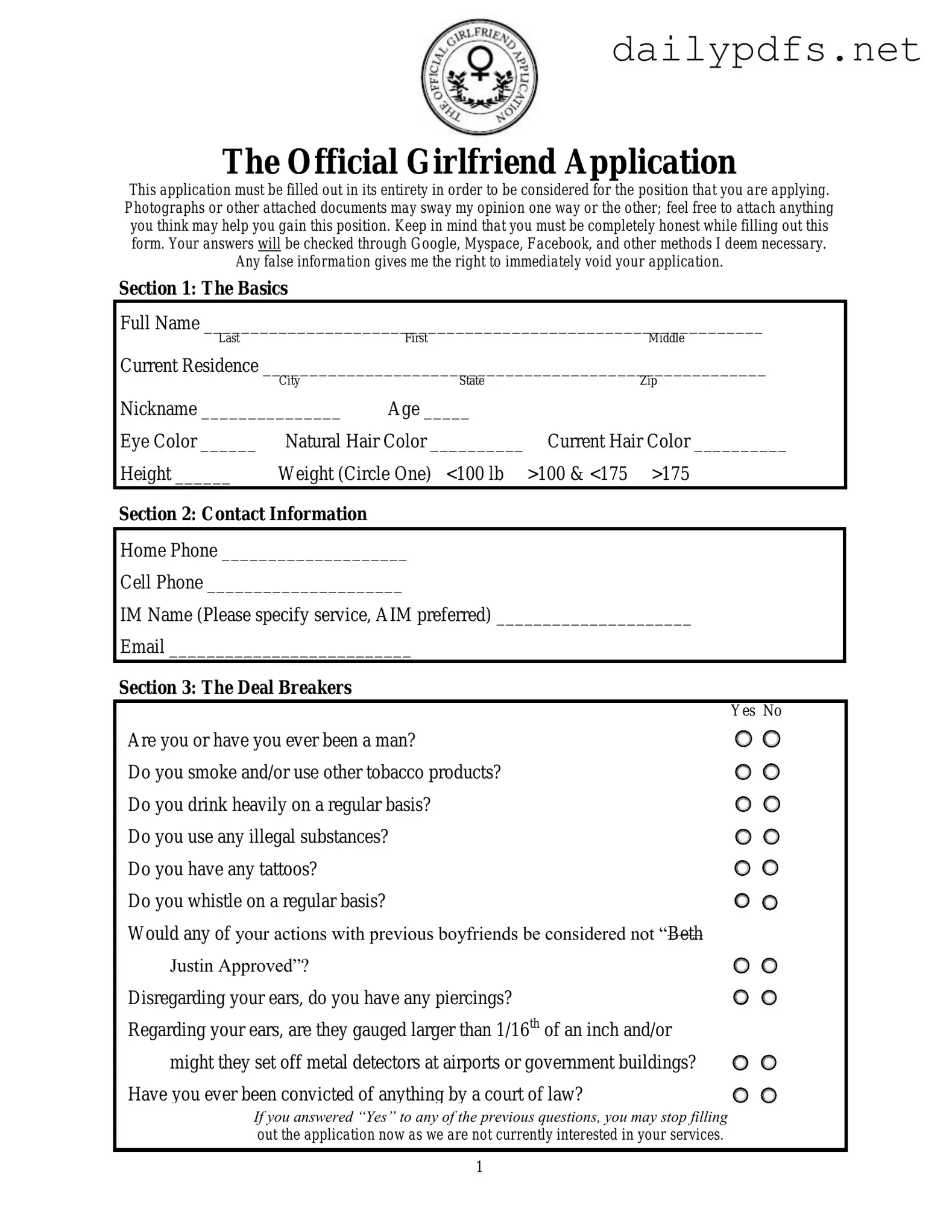 Fill Out Your Girlfriend Application Form