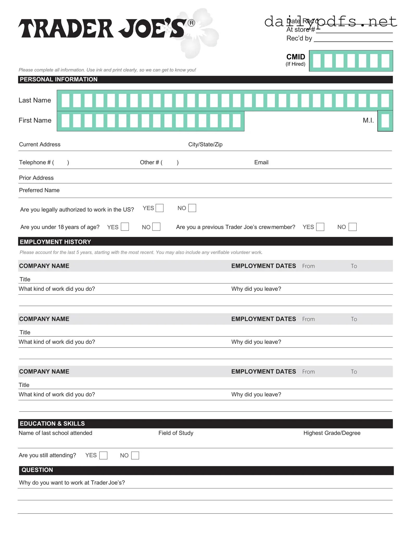 Fill Out Your Trader Joe's application Form