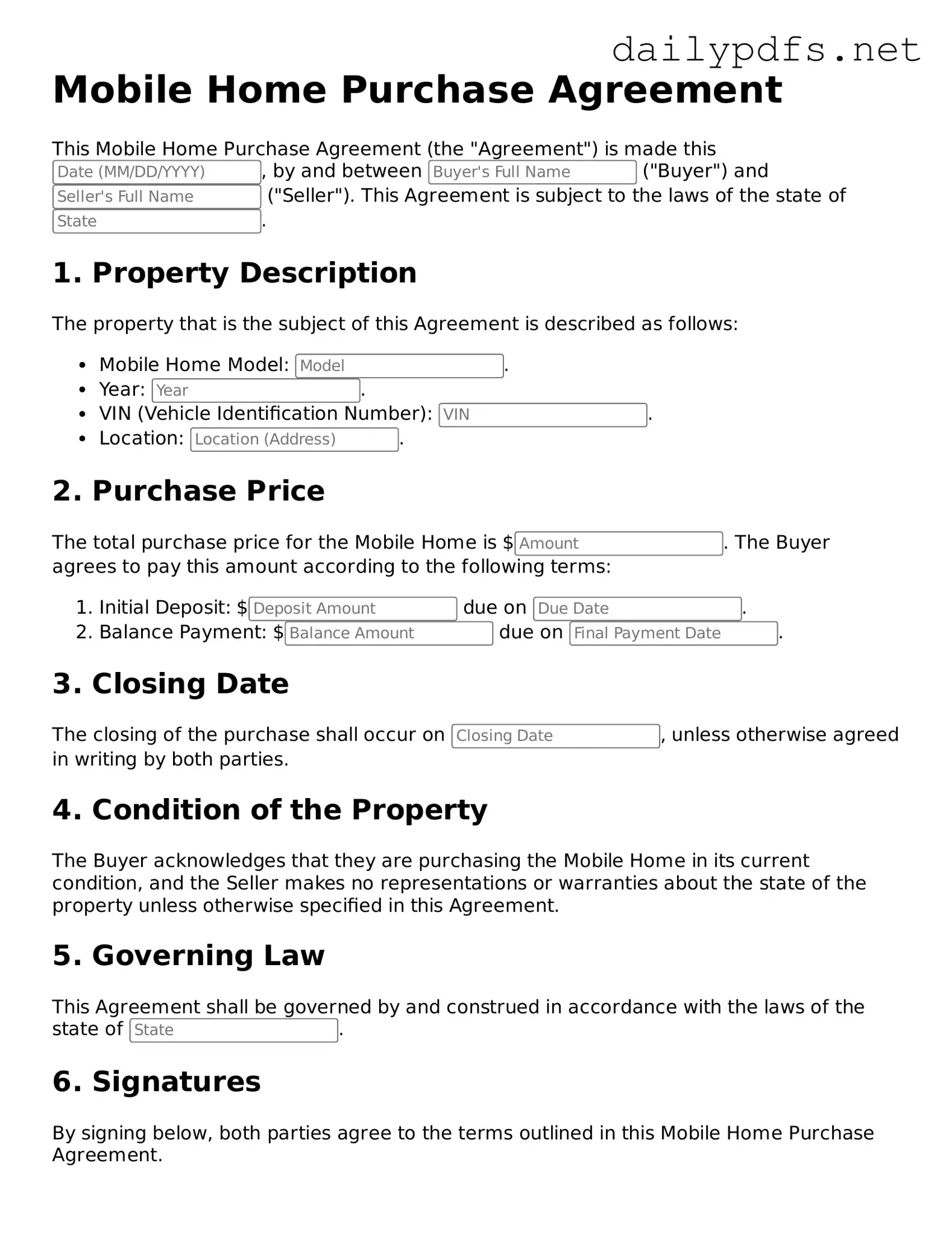 Printable Mobile Home Purchase Agreement Document